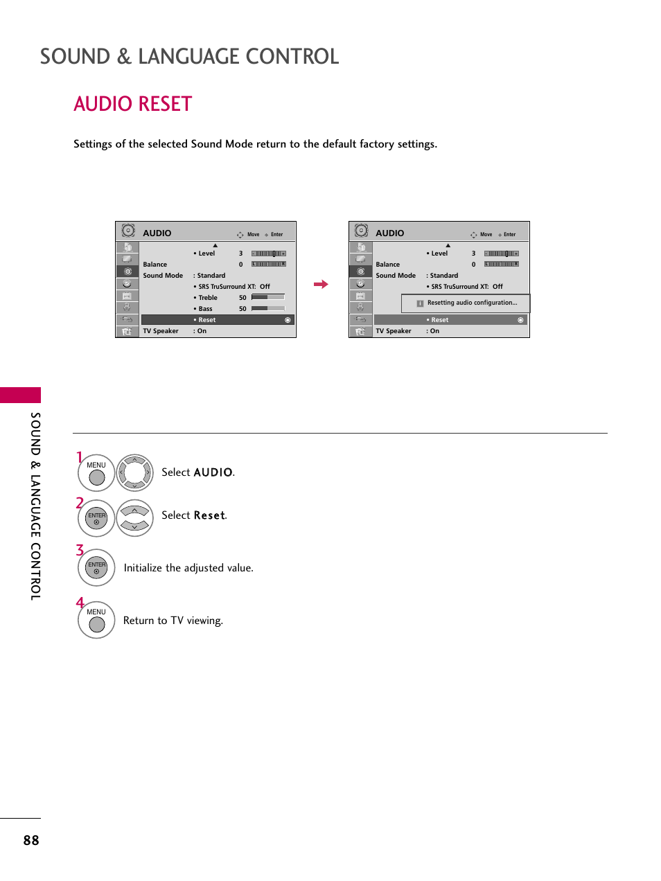 Audio reset, Sound & language control, Sound & langu a ge contr ol | Initialize the adjusted value, Return to tv viewing | LG 55LH40 User Manual | Page 88 / 136