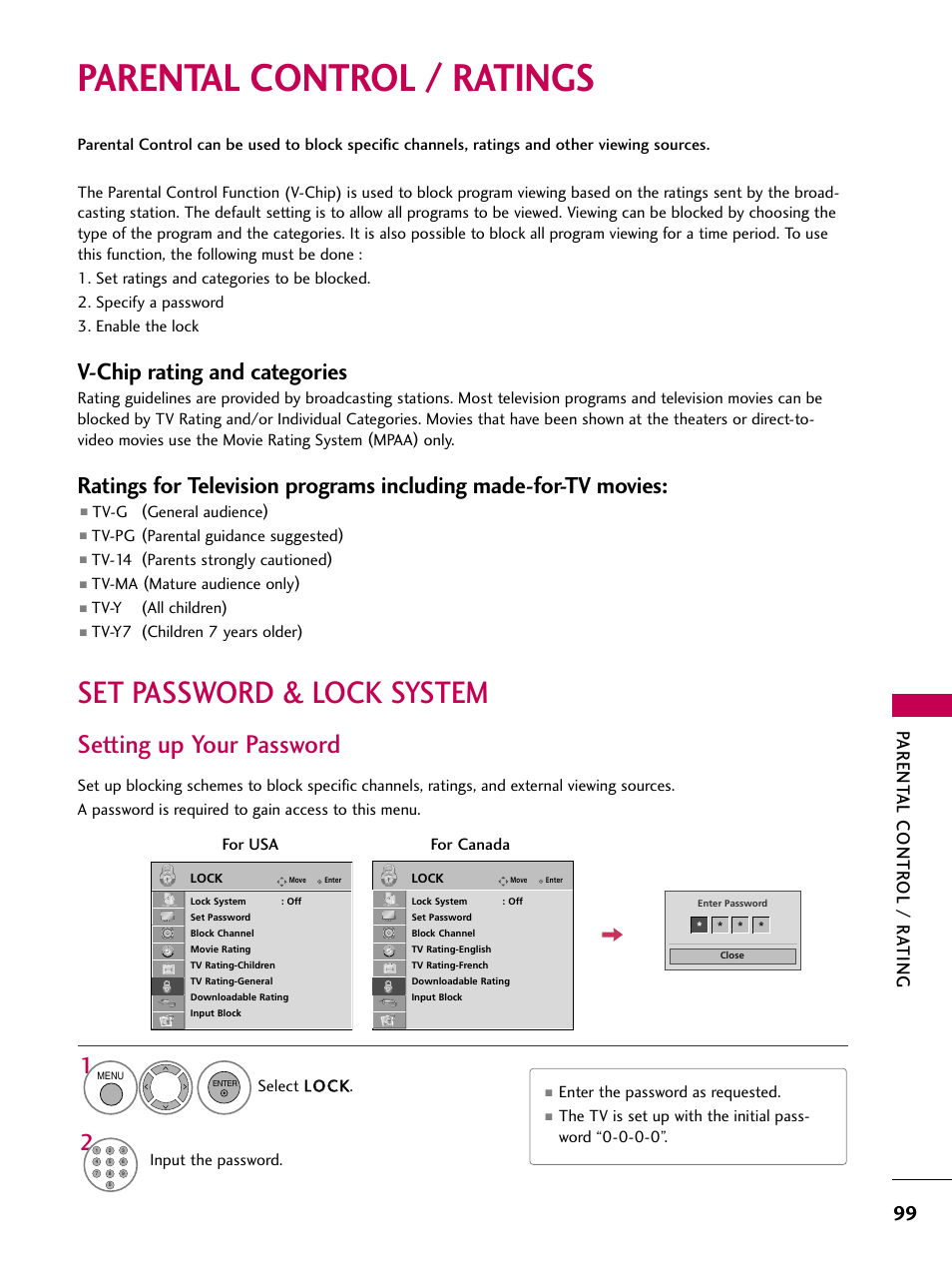 Parental control / ratings, Set password & lock system, Setting up your password | V-chip rating and categories, Parent al contr ol / r ating | LG 55LH40 User Manual | Page 99 / 136