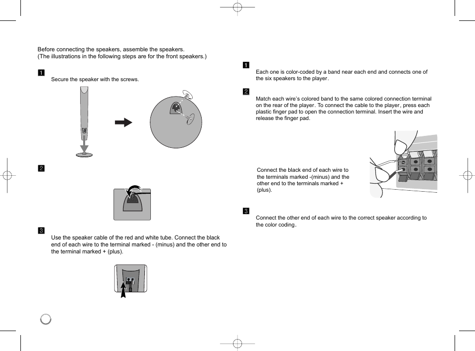 Speaker connection, Assembling the speakers, Attaching the speakers to the player | LG LHB977 User Manual | Page 12 / 65