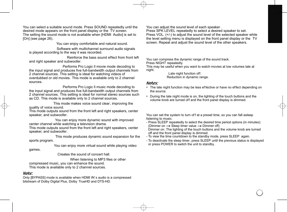 Setting the sound mode, Adjust the speaker level settings, Using the late night function | Using the sleep timer | LG LHB977 User Manual | Page 21 / 65