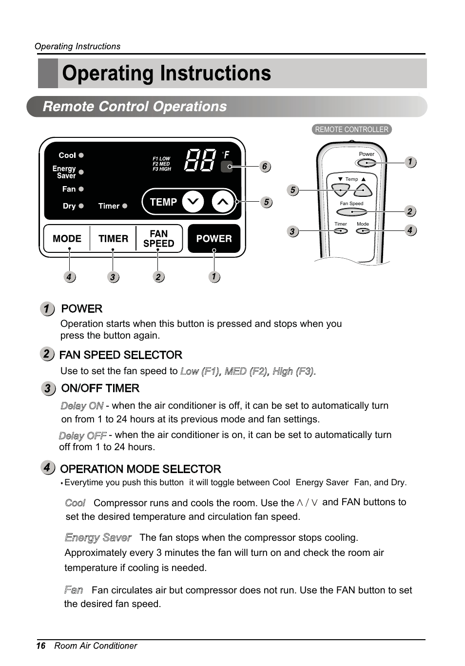 Operation mode selector, Energy saver, On/off timer | Fan speed selector, Power | LG LW1813ER User Manual | Page 16 / 48