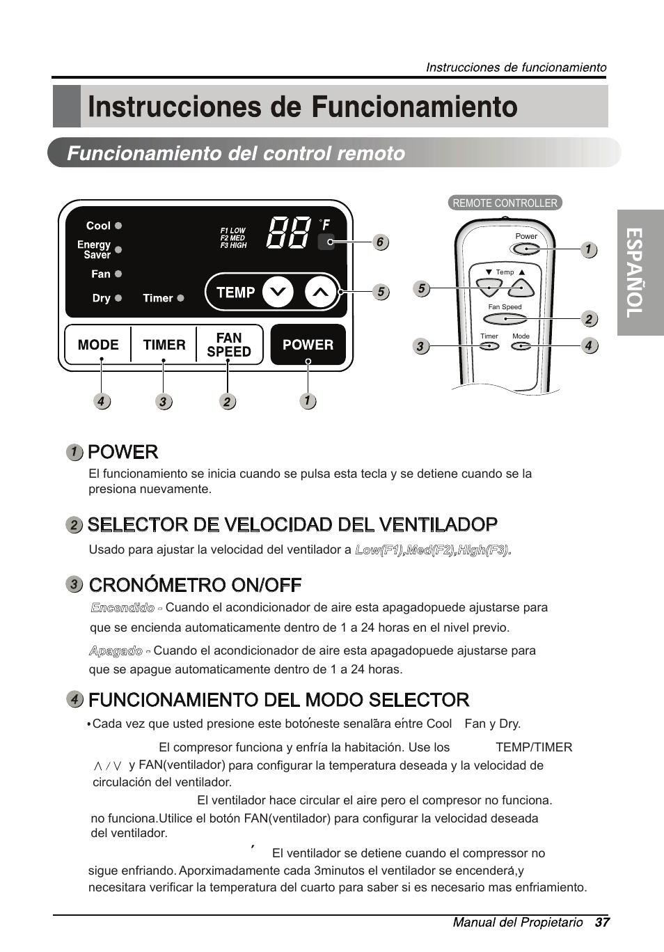 Power, Selector de velocidad del ventiladop, Cronometro on/off | Funcionamiento del modo selector | LG LW1813ER User Manual | Page 37 / 48