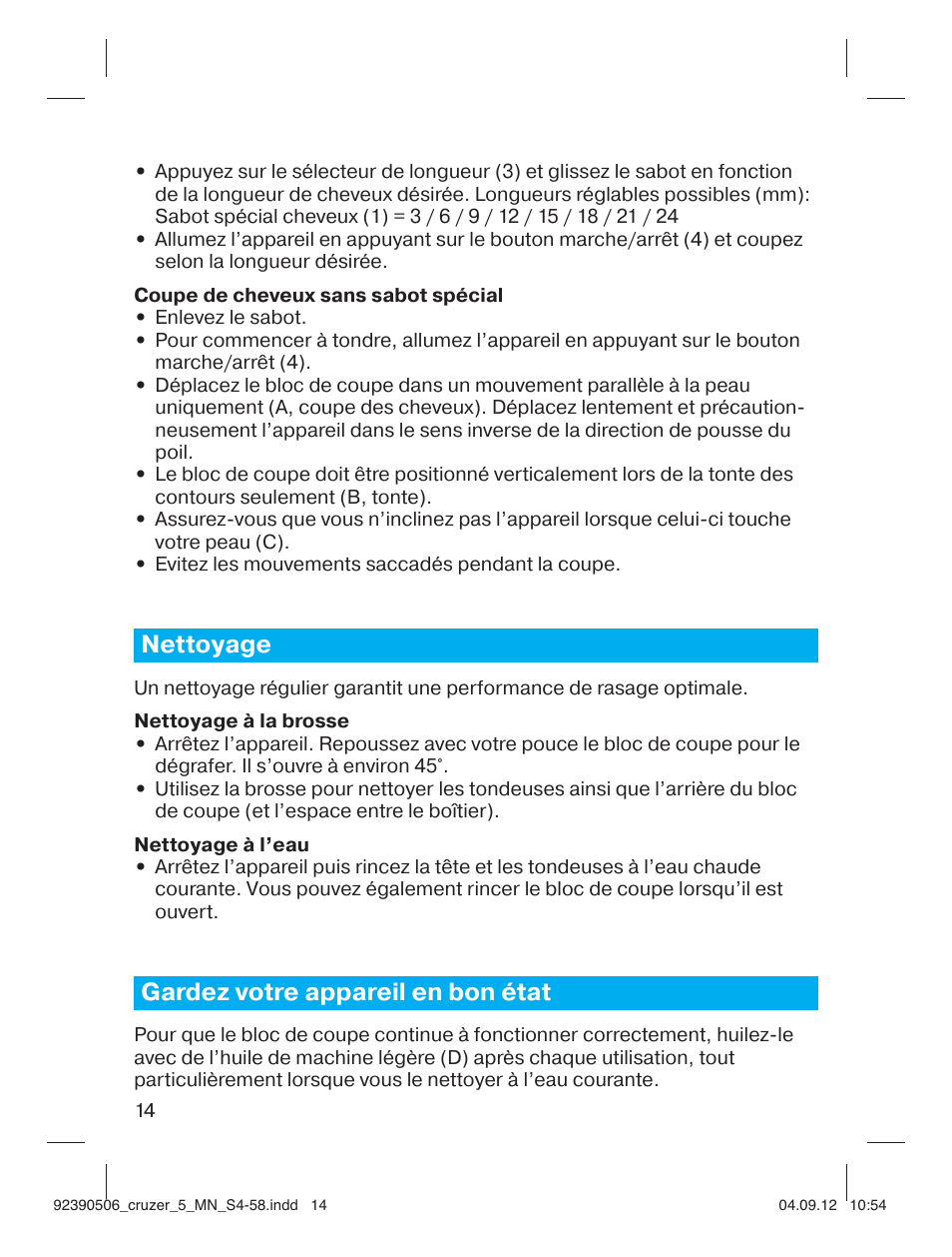 Nettoyage, Gardez votre appareil en bon état | Braun cruZer5 head Hair clipper User Manual | Page 14 / 55