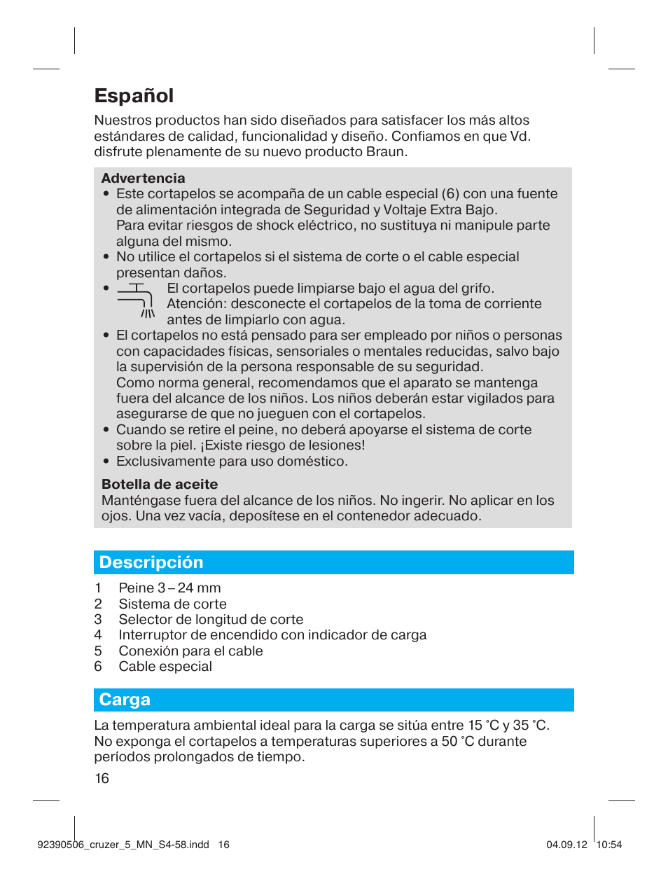 Español, Descripción, Carga | Braun cruZer5 head Hair clipper User Manual | Page 16 / 55