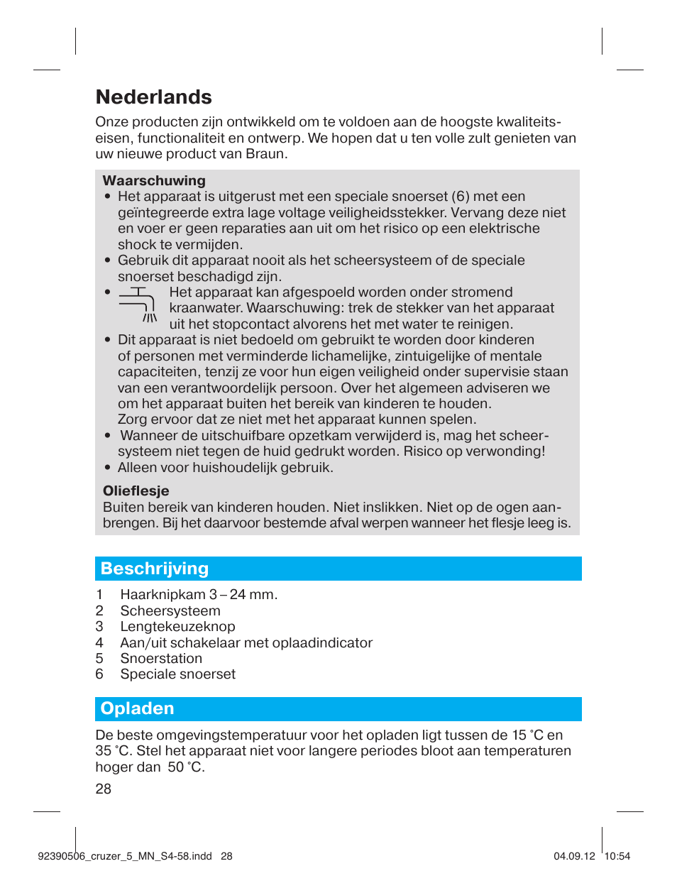 Nederlands, Beschrijving, Opladen | Braun cruZer5 head Hair clipper User Manual | Page 28 / 55