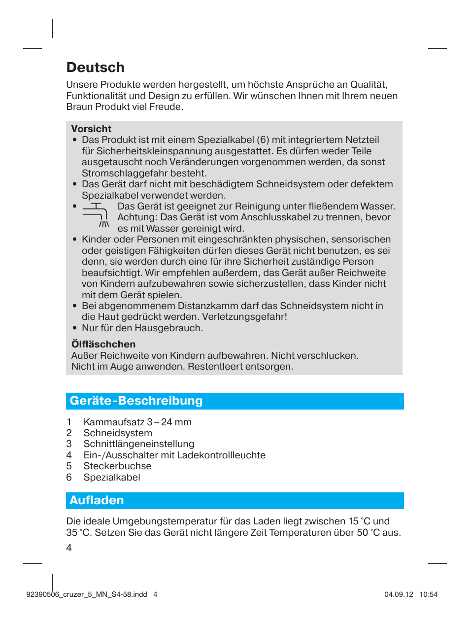 92390506_cruzer_5_mn_s4-58, Deutsch, Geräte-beschreibung | Aufladen | Braun cruZer5 head Hair clipper User Manual | Page 4 / 55