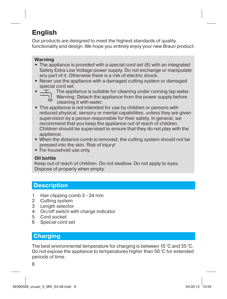 English, Description, Charging | Braun cruZer5 head Hair clipper User Manual | Page 8 / 55