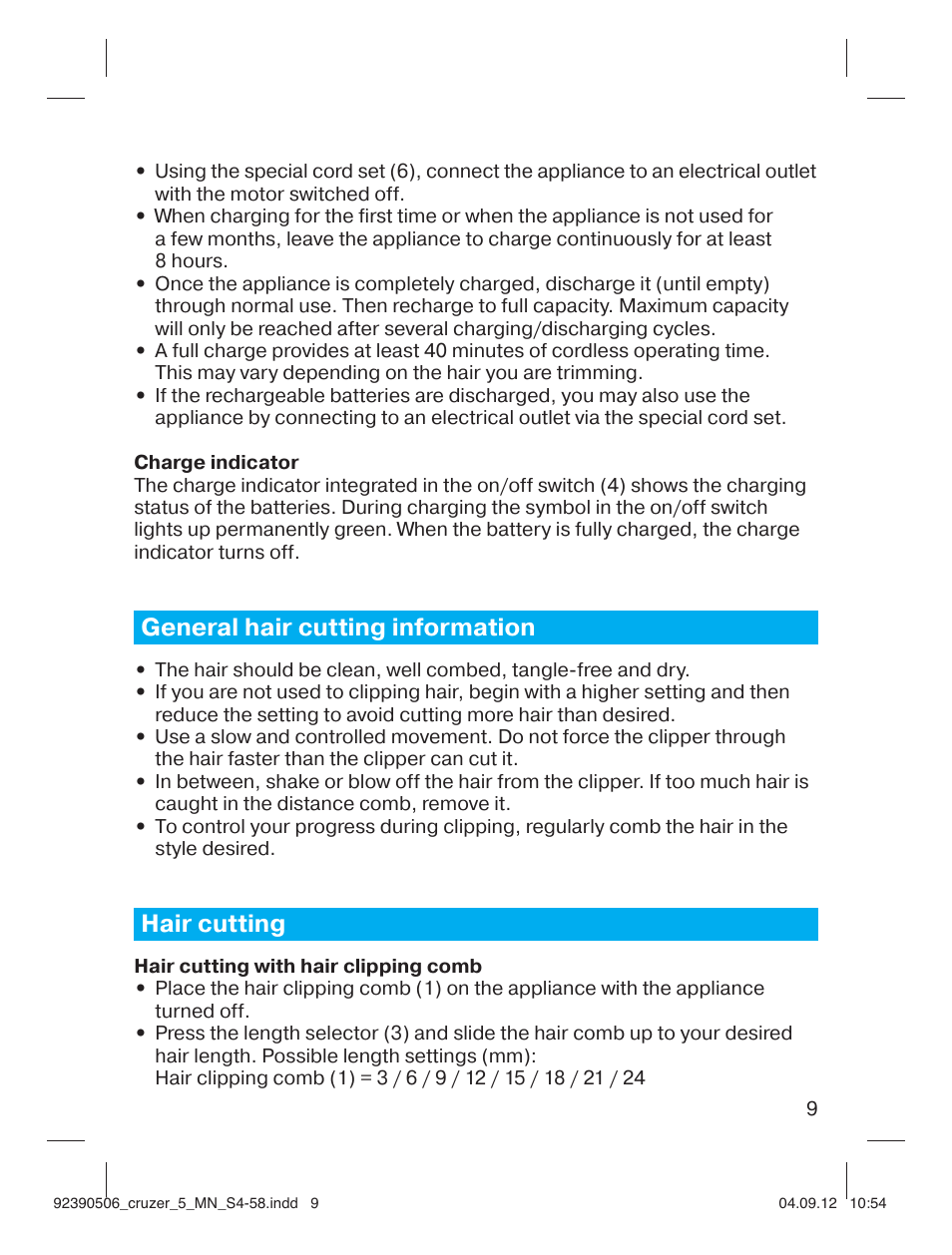 General hair cutting information, Hair cutting | Braun cruZer5 head Hair clipper User Manual | Page 9 / 55