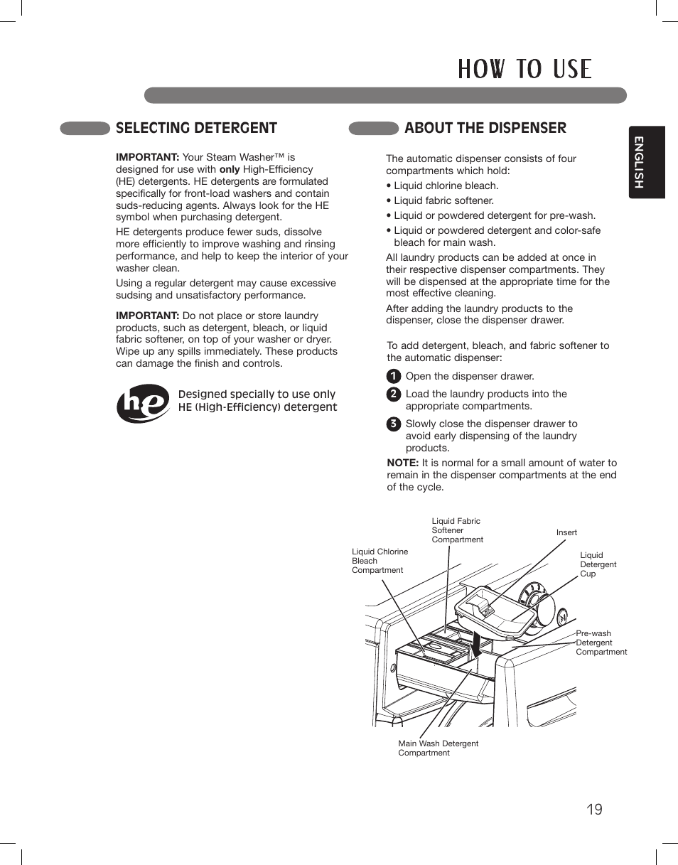 H o w to u s e, Selecting detergent about the dispenser | LG WM3875HVCA User Manual | Page 19 / 108