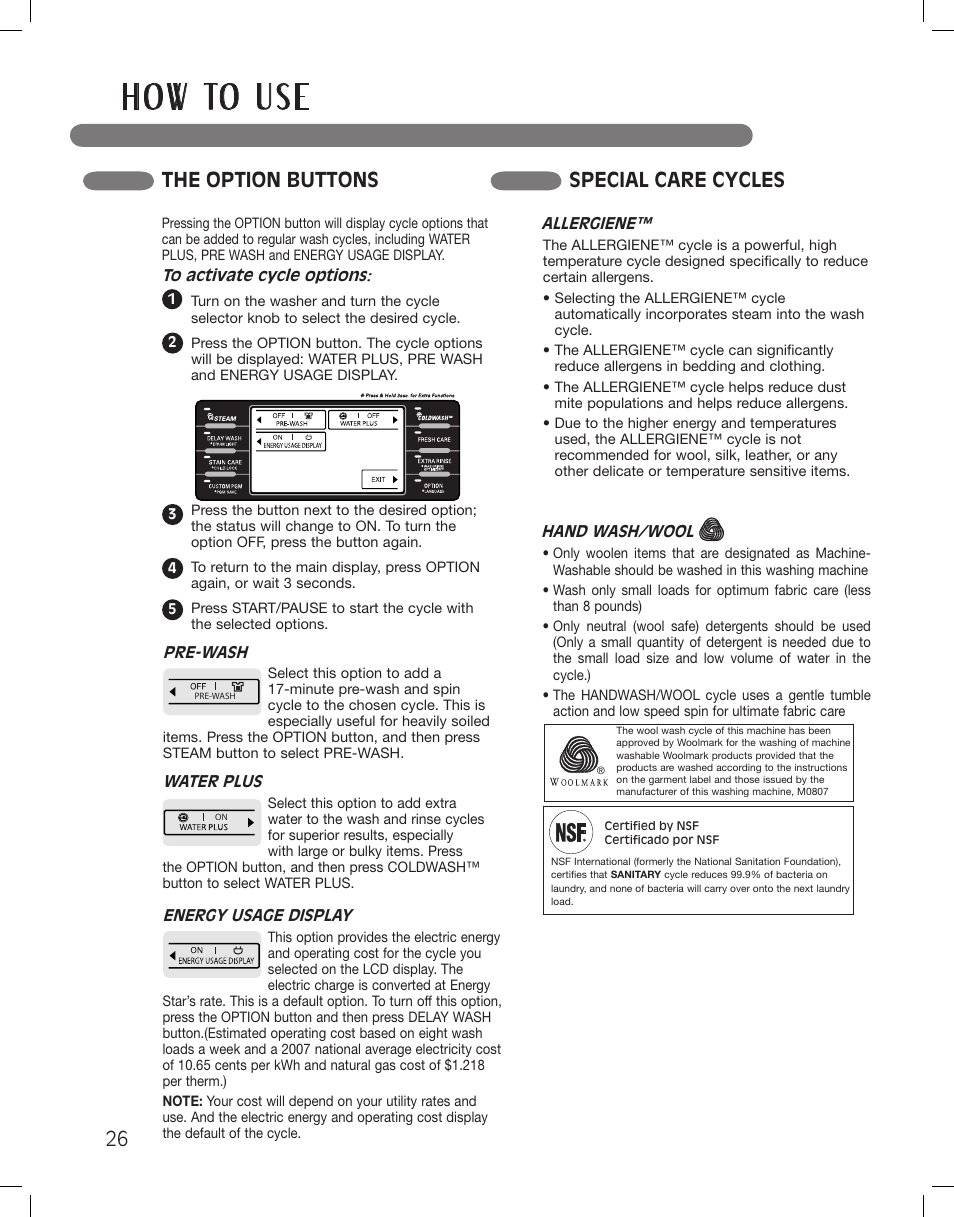 H o w to u s e, The option buttons special care cycles | LG WM3875HVCA User Manual | Page 26 / 108