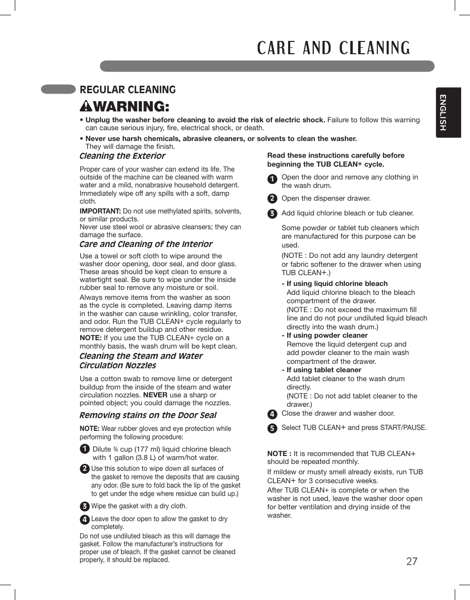 Wwarning, Regular cleaning | LG WM3875HVCA User Manual | Page 27 / 108