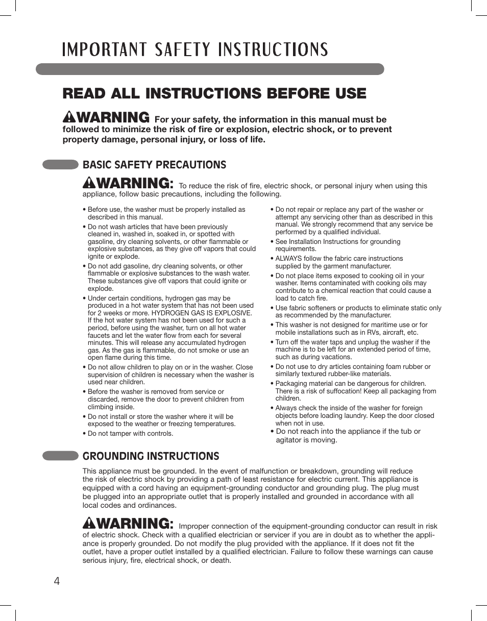 Wwarning, Read all instructions before use, Basic safety precautions | Grounding instructions | LG WM3875HVCA User Manual | Page 4 / 108