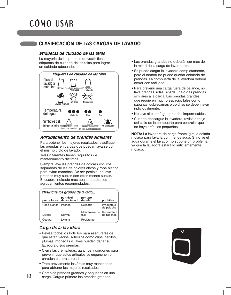 Clasificación de las cargas de lavado | LG WM3875HVCA User Manual | Page 54 / 108