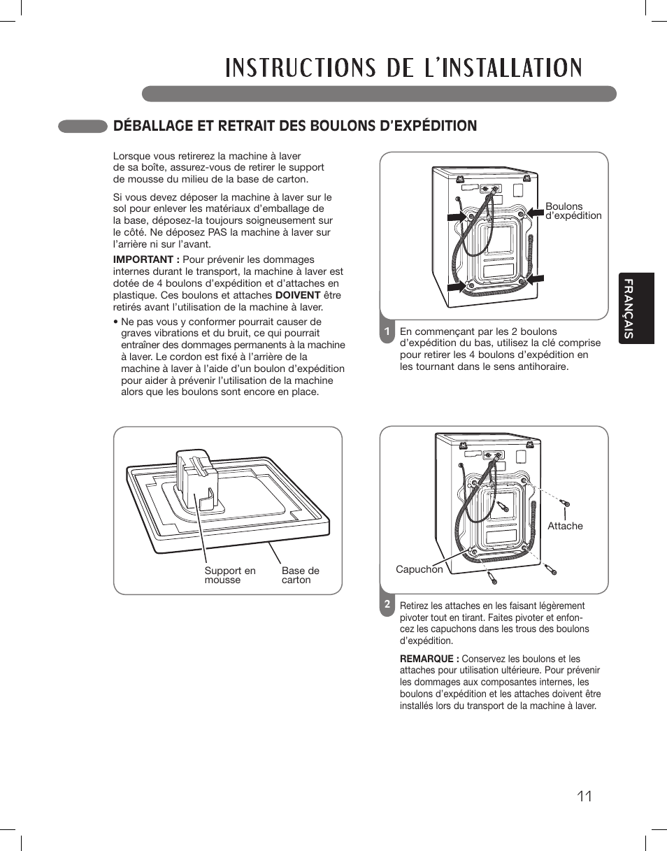 Déballage et retrait des boulons d’expédition | LG WM3875HVCA User Manual | Page 83 / 108