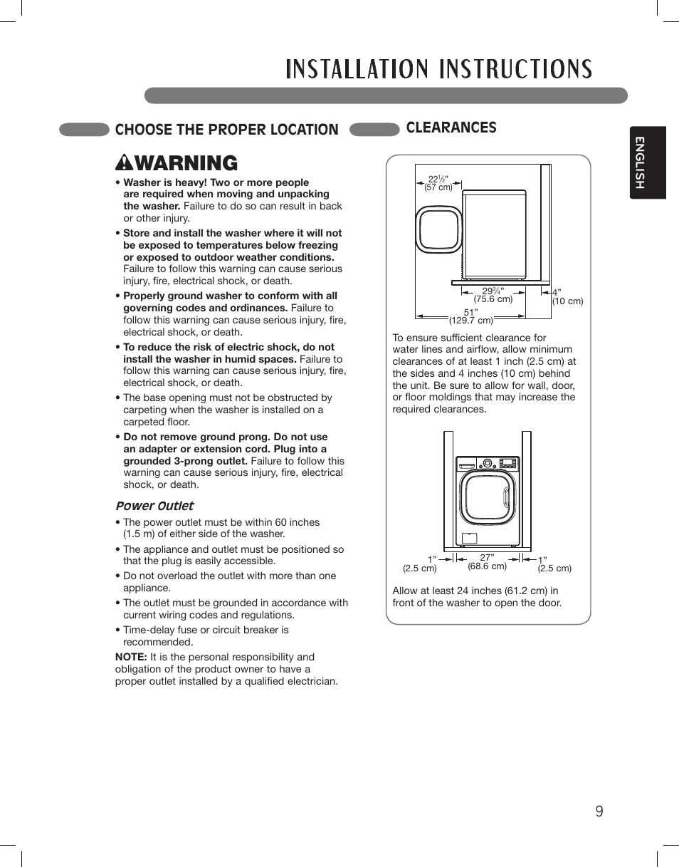 Wwarning, Choose the proper location clearances | LG WM3875HVCA User Manual | Page 9 / 108