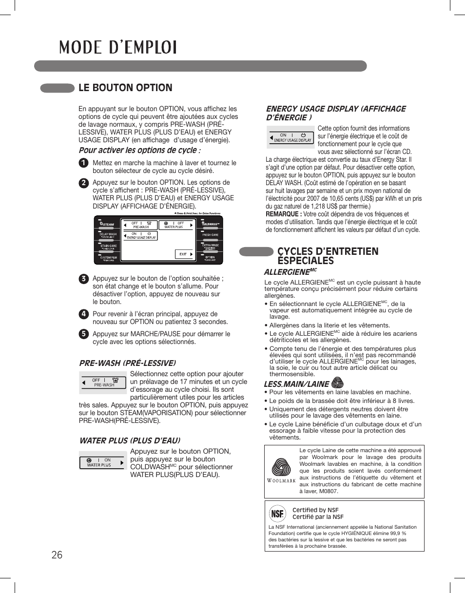 Le bouton option, Cycles d’entretien éspeciales | LG WM3875HVCA User Manual | Page 98 / 108