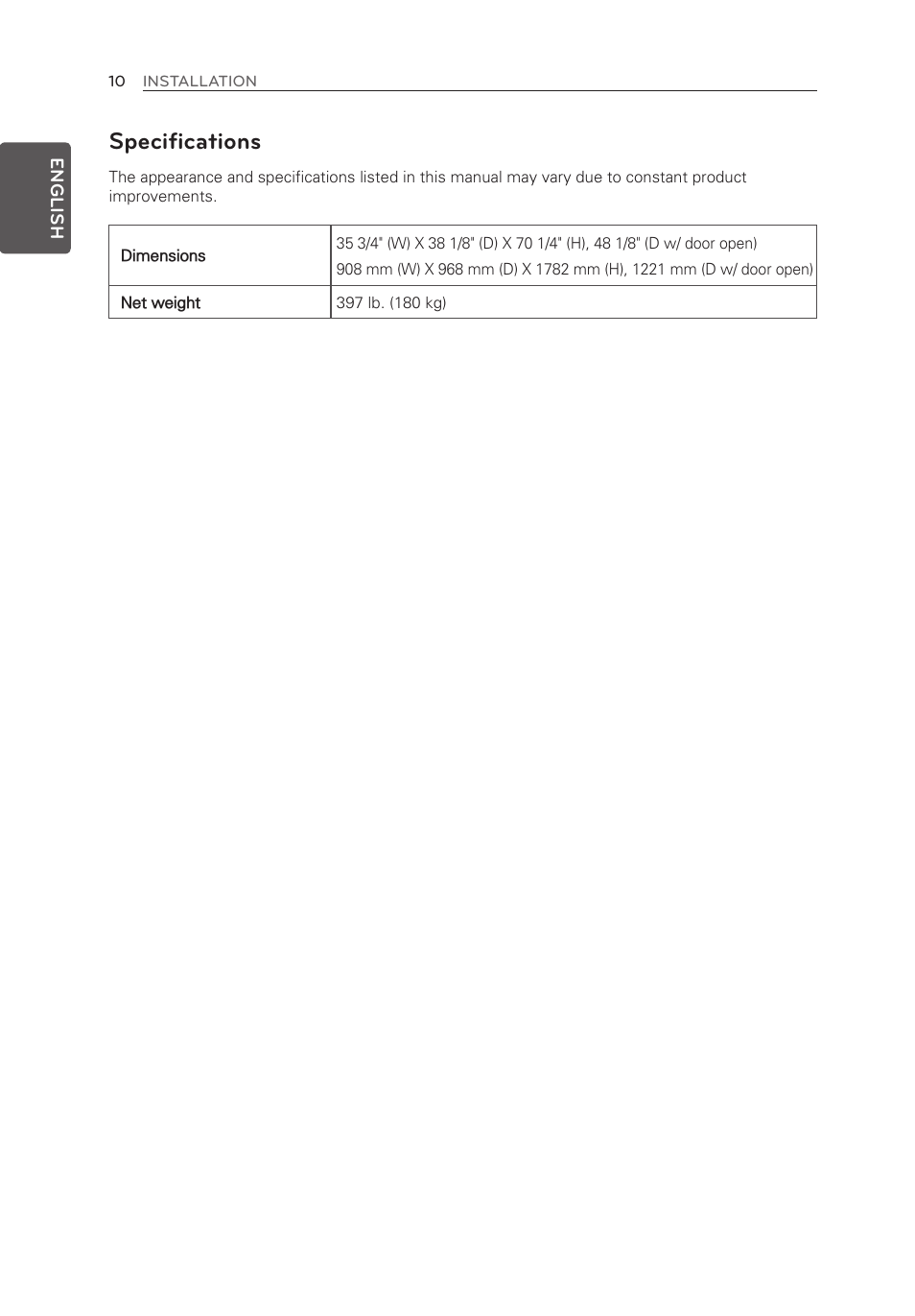 Specifications | LG LMXS30776S User Manual | Page 10 / 61