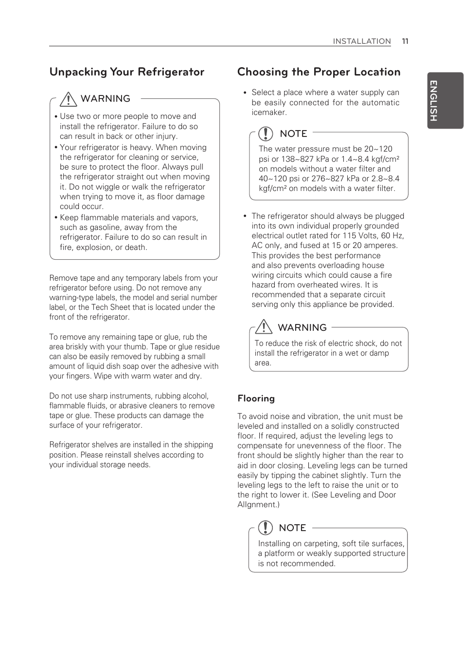 Choosing the proper location, Unpacking your refrigerator | LG LMXS30776S User Manual | Page 11 / 61