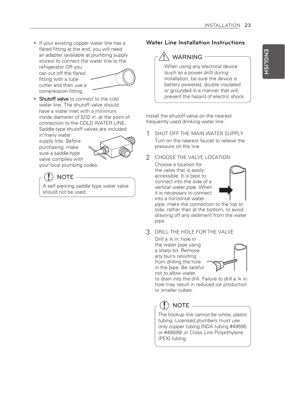 Water line installation instructions, Warning | LG LMXS30776S User Manual | Page 23 / 61