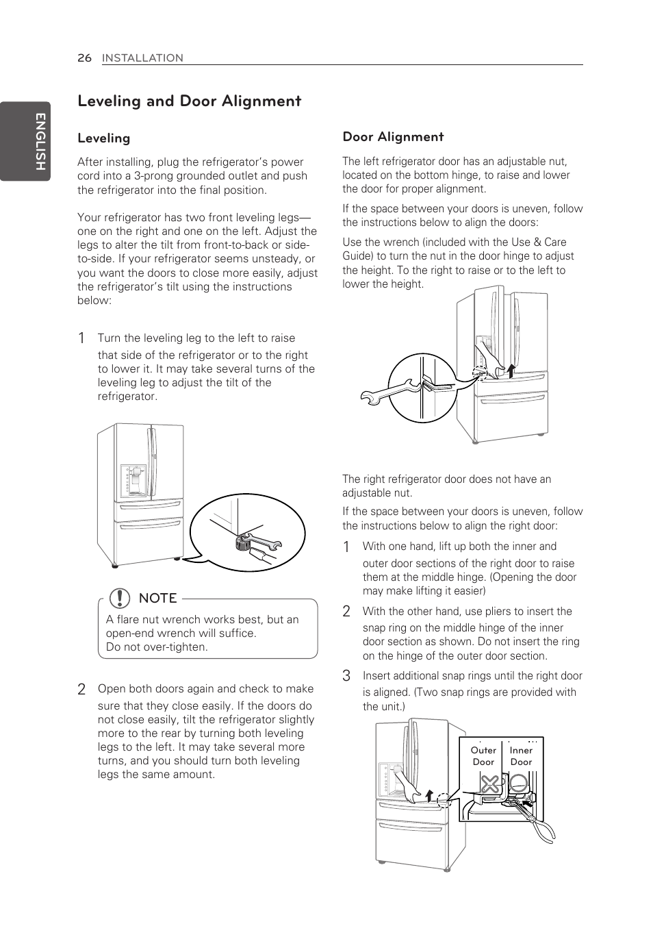 Leveling and door alignment | LG LMXS30776S User Manual | Page 26 / 61