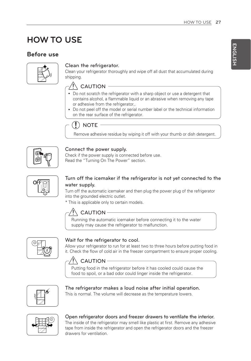 How to use, Before use | LG LMXS30776S User Manual | Page 27 / 61