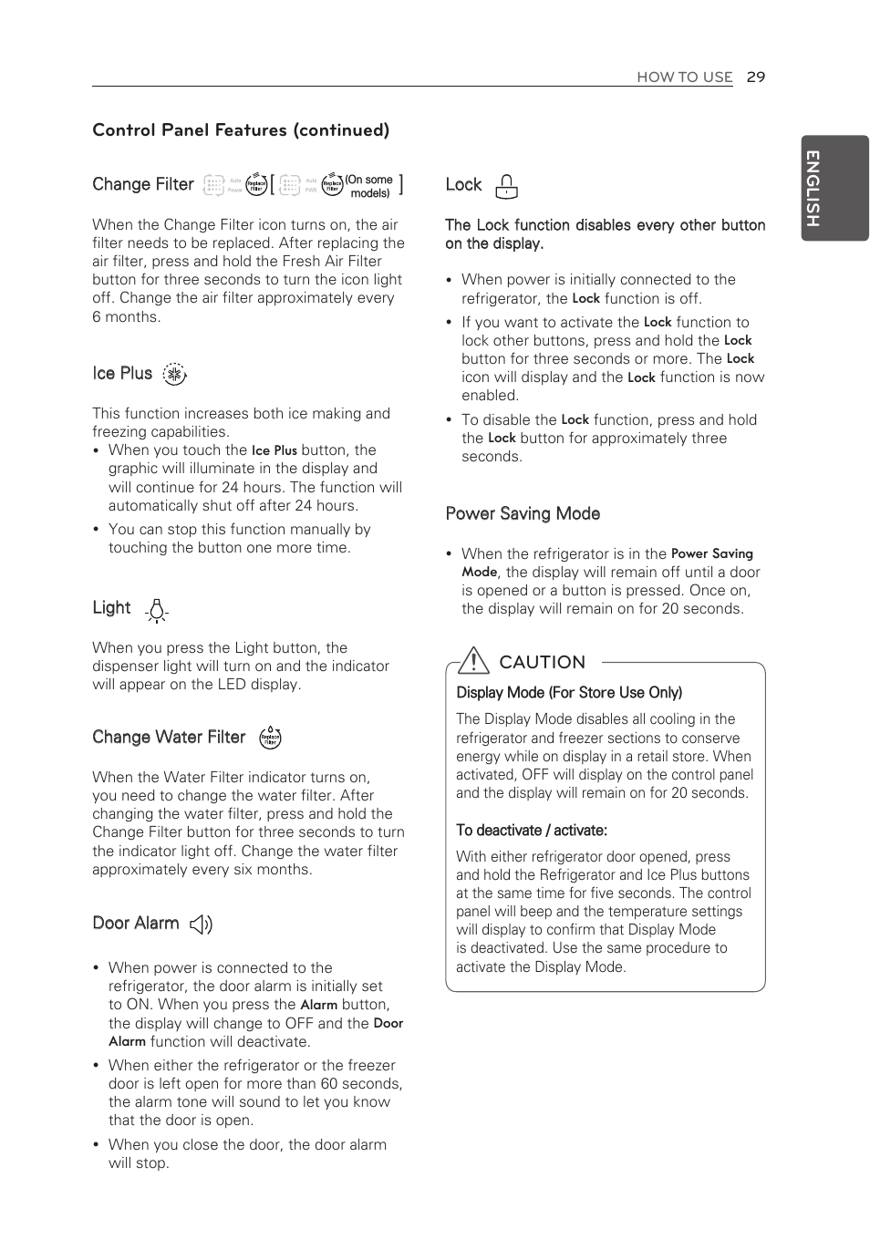 Control panel features (continued), Caution | LG LMXS30776S User Manual | Page 29 / 61