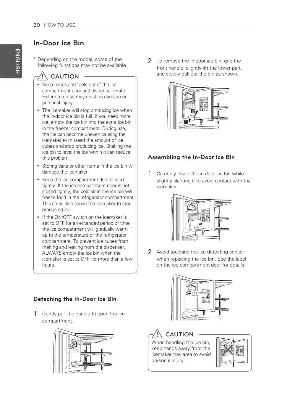 In-door ice bin, Caution, Detaching the in-door ice bin | Assembling the in-door ice bin | LG LMXS30776S User Manual | Page 30 / 61