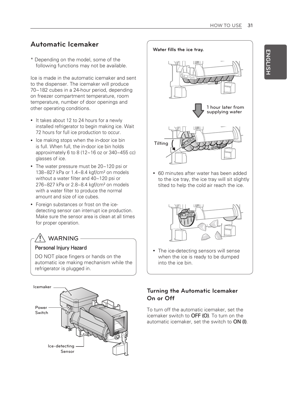 Automatic icemaker, Turning the automatic icemaker on or off, Warning | LG LMXS30776S User Manual | Page 31 / 61