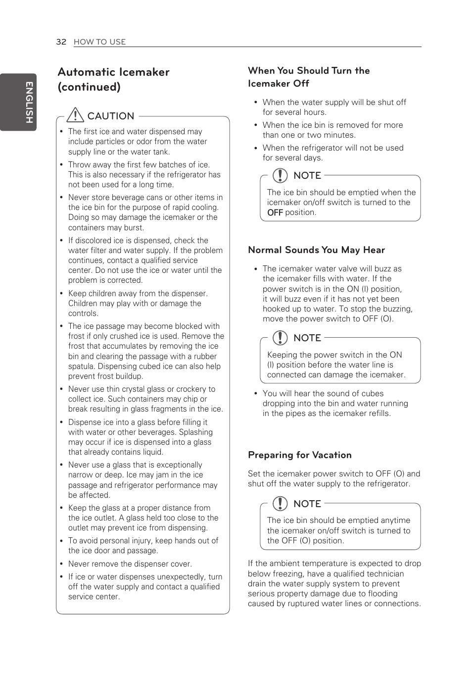 Automatic icemaker (continued), Caution when you should turn the icemaker off, Normal sounds you may hear | Preparing for vacation | LG LMXS30776S User Manual | Page 32 / 61