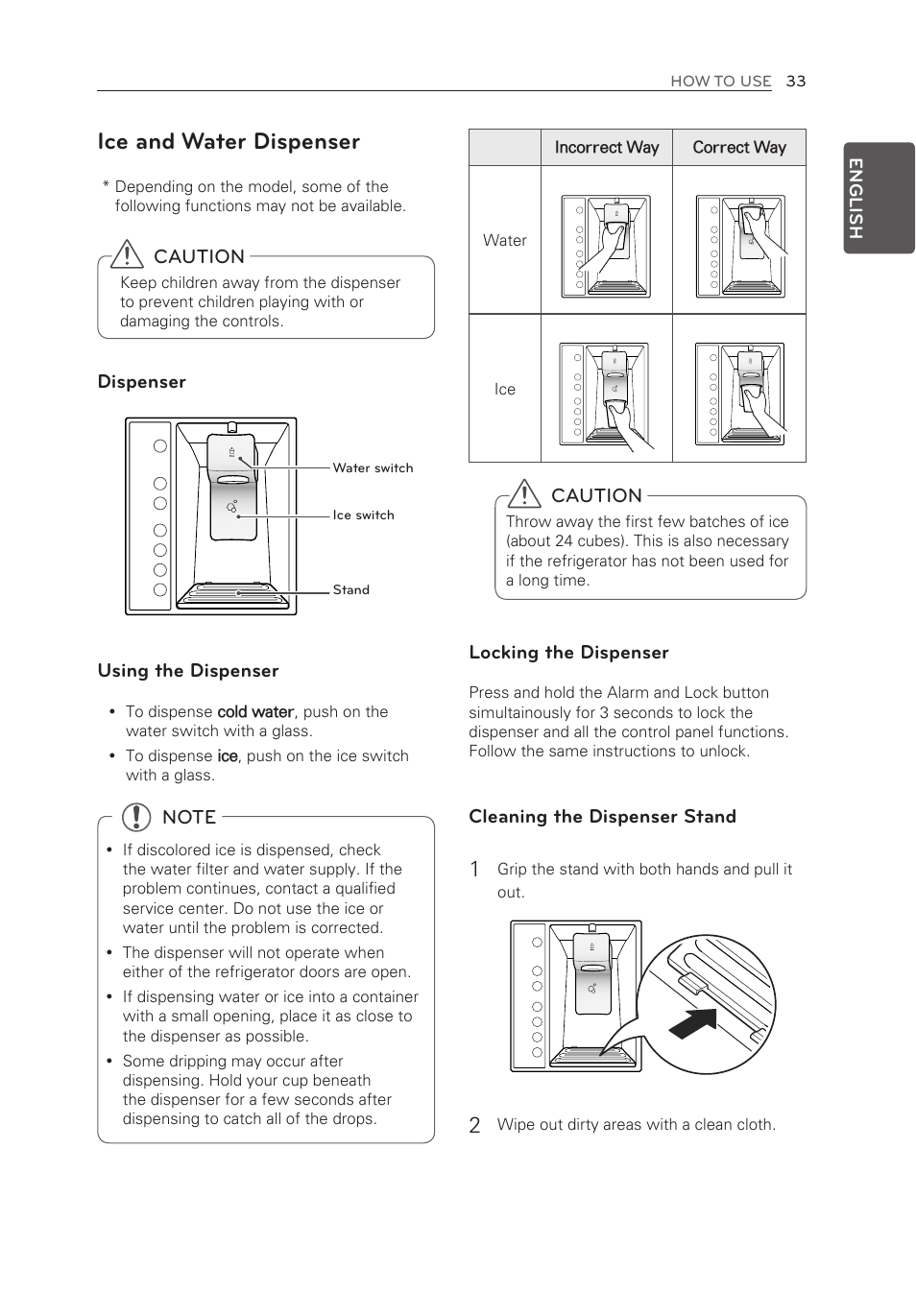 Ice and water dispenser, Caution, Dispenser | Using the dispenser, Locking the dispenser, Cleaning the dispenser stand | LG LMXS30776S User Manual | Page 33 / 61