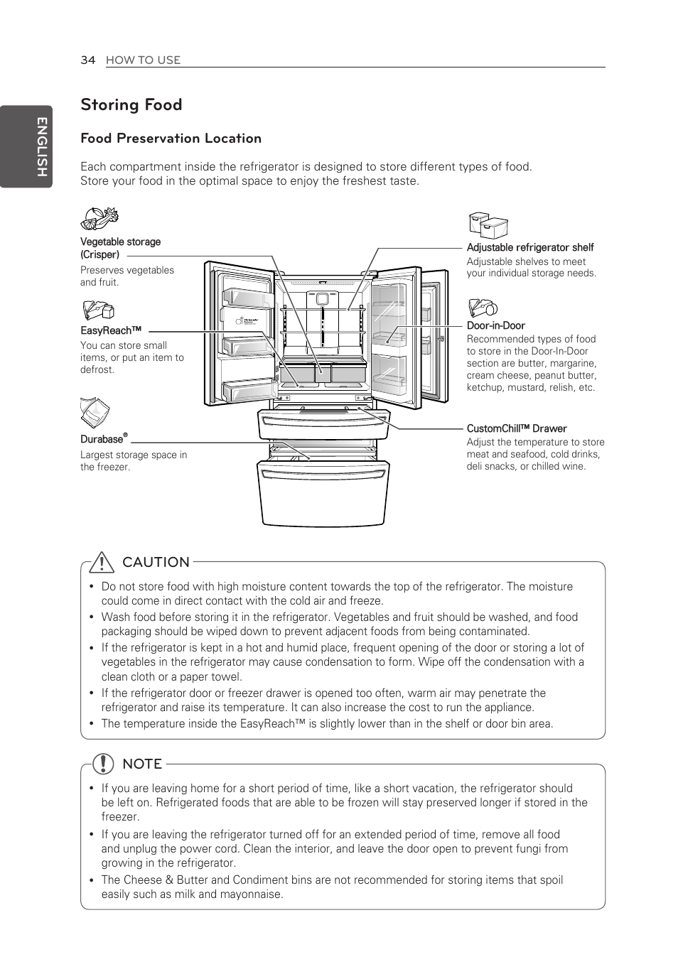 Storing food, Food preservation location, Caution | English | LG LMXS30776S User Manual | Page 34 / 61