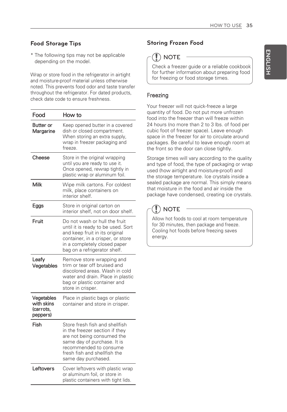 Food storage tips, Storing frozen food | LG LMXS30776S User Manual | Page 35 / 61