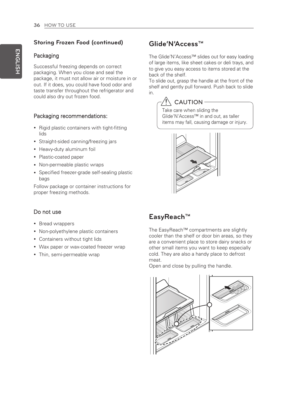 Glide‘n’access, Easyreach, Storing frozen food (continued) | Caution | LG LMXS30776S User Manual | Page 36 / 61