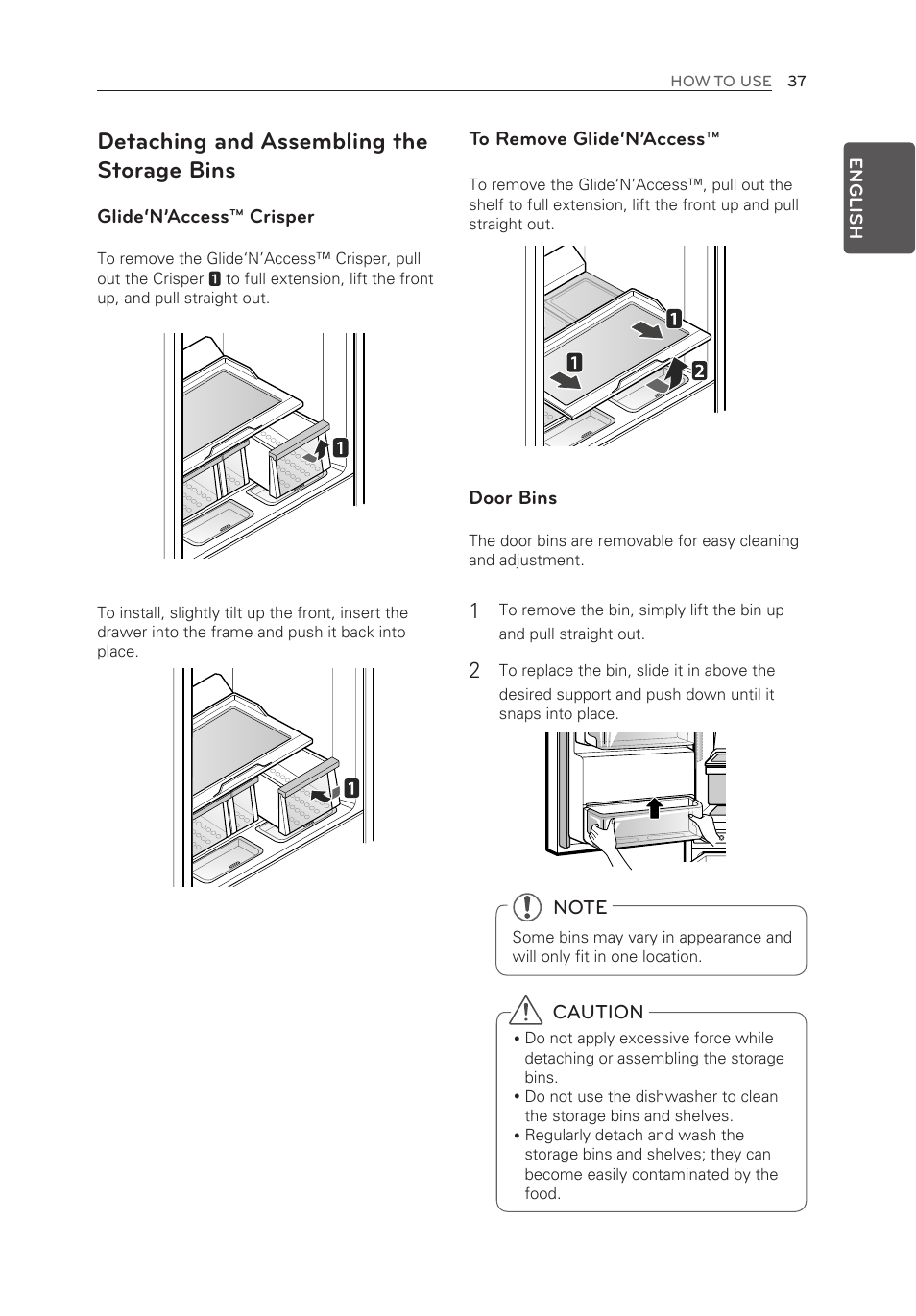 Detaching and assembling the storage bins | LG LMXS30776S User Manual | Page 37 / 61