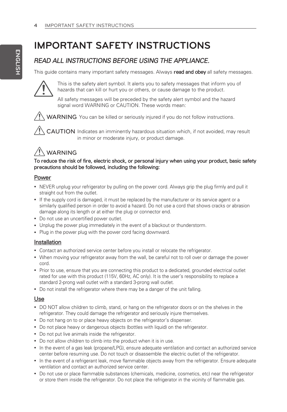 Important safety instructions, Read all instructions before using the appliance, Warning | Caution | LG LMXS30776S User Manual | Page 4 / 61