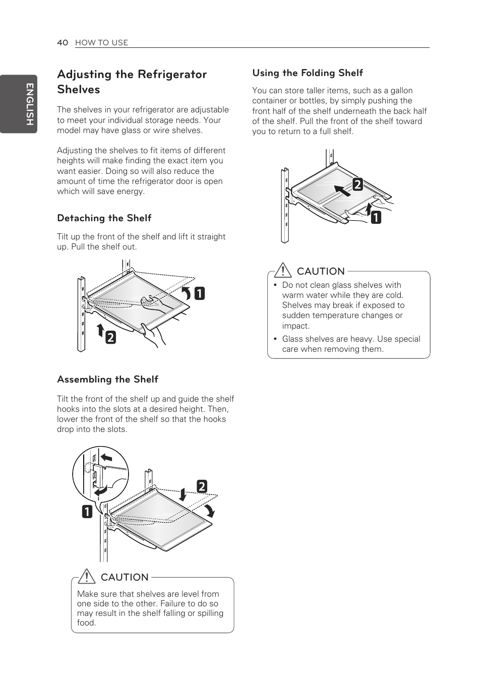 Adjusting the refrigerator shelves, Detaching the shelf, Assembling the shelf | Using the folding shelf, Caution | LG LMXS30776S User Manual | Page 40 / 61