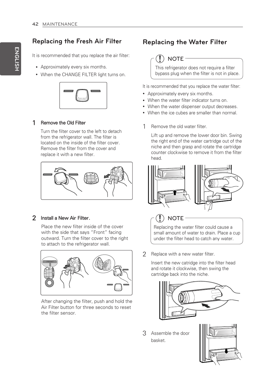 Replacing the fresh air filter, Replacing the water filter | LG LMXS30776S User Manual | Page 42 / 61