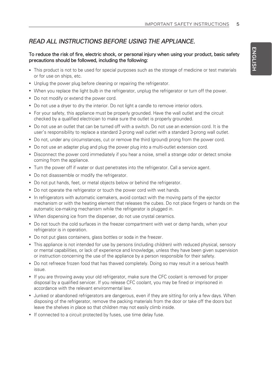 Read all instructions before using the appliance | LG LMXS30776S User Manual | Page 5 / 61