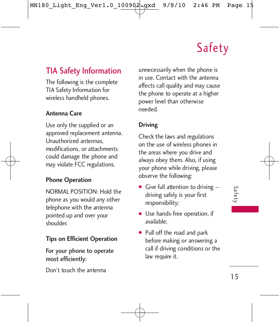 Safety, Tia safety information | LG LGMN180 User Manual | Page 17 / 55