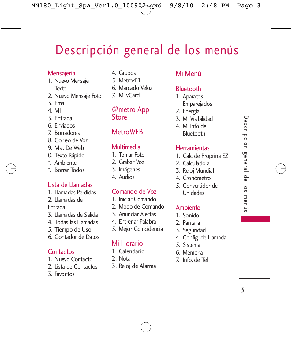 Descripción general de los menús | LG LGMN180 User Manual | Page 30 / 55