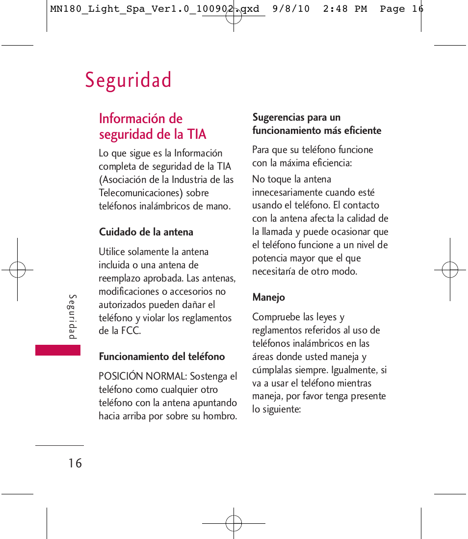 Seguridad, Información de seguridad de la tia | LG LGMN180 User Manual | Page 43 / 55