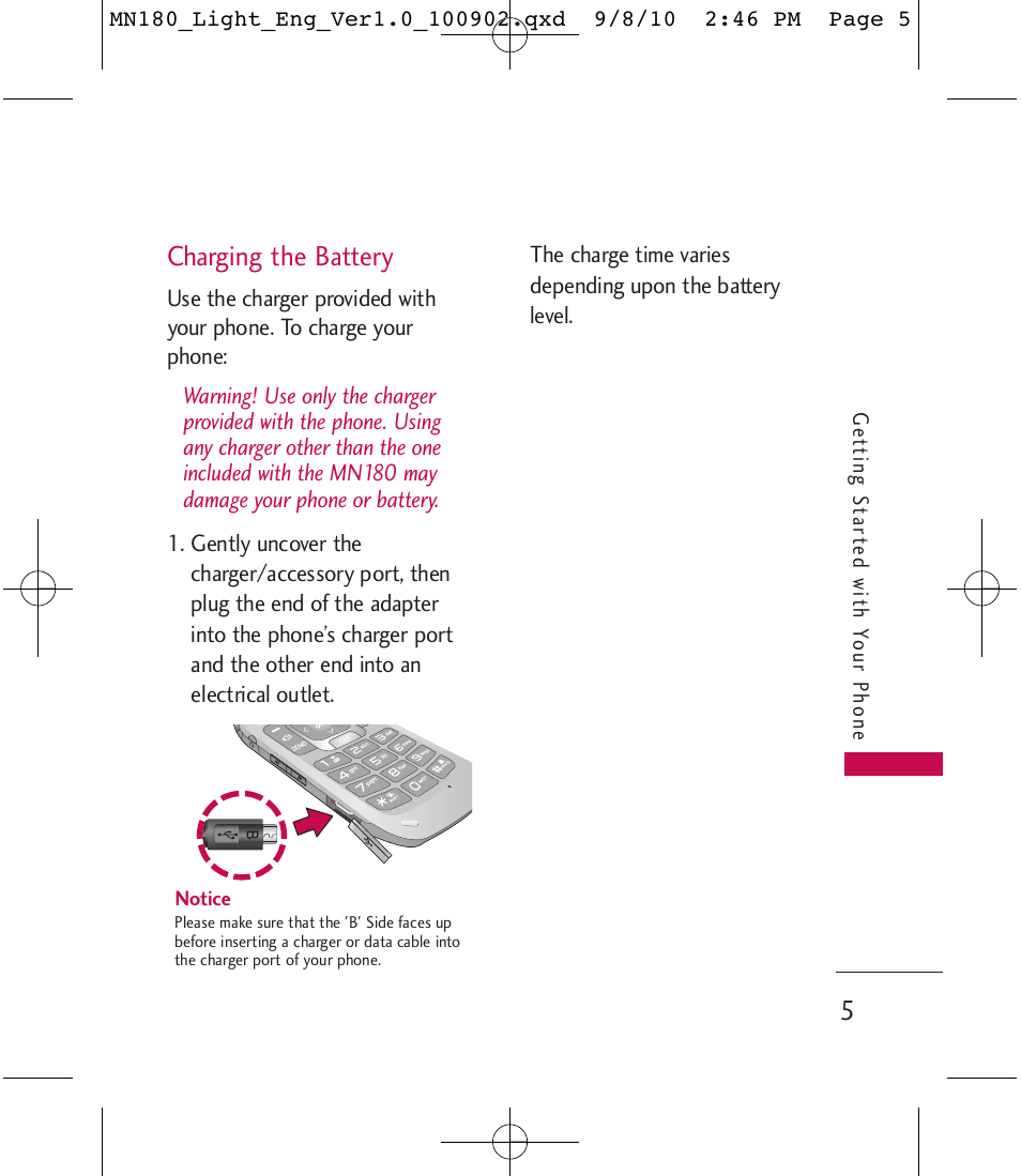 Charging the battery | LG LGMN180 User Manual | Page 7 / 55