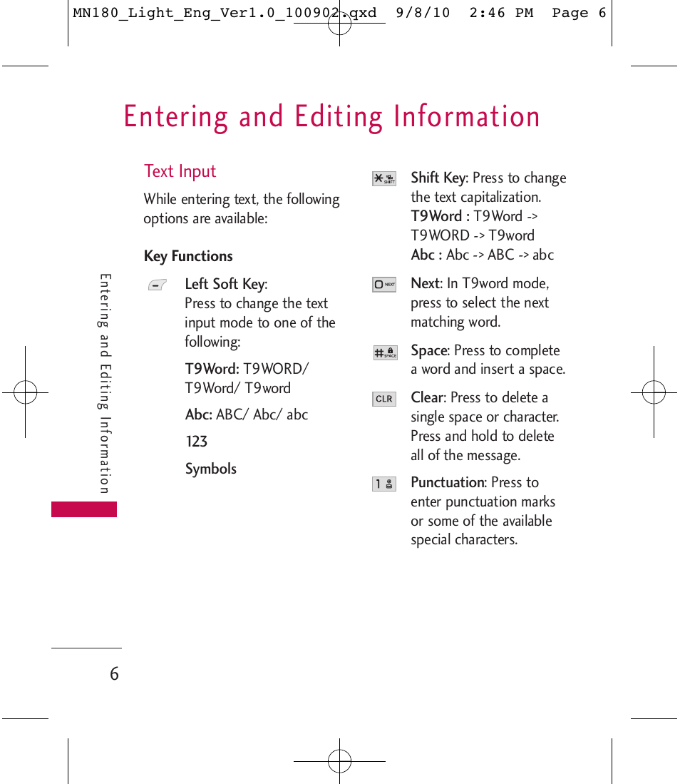 Entering and editing information | LG LGMN180 User Manual | Page 8 / 55