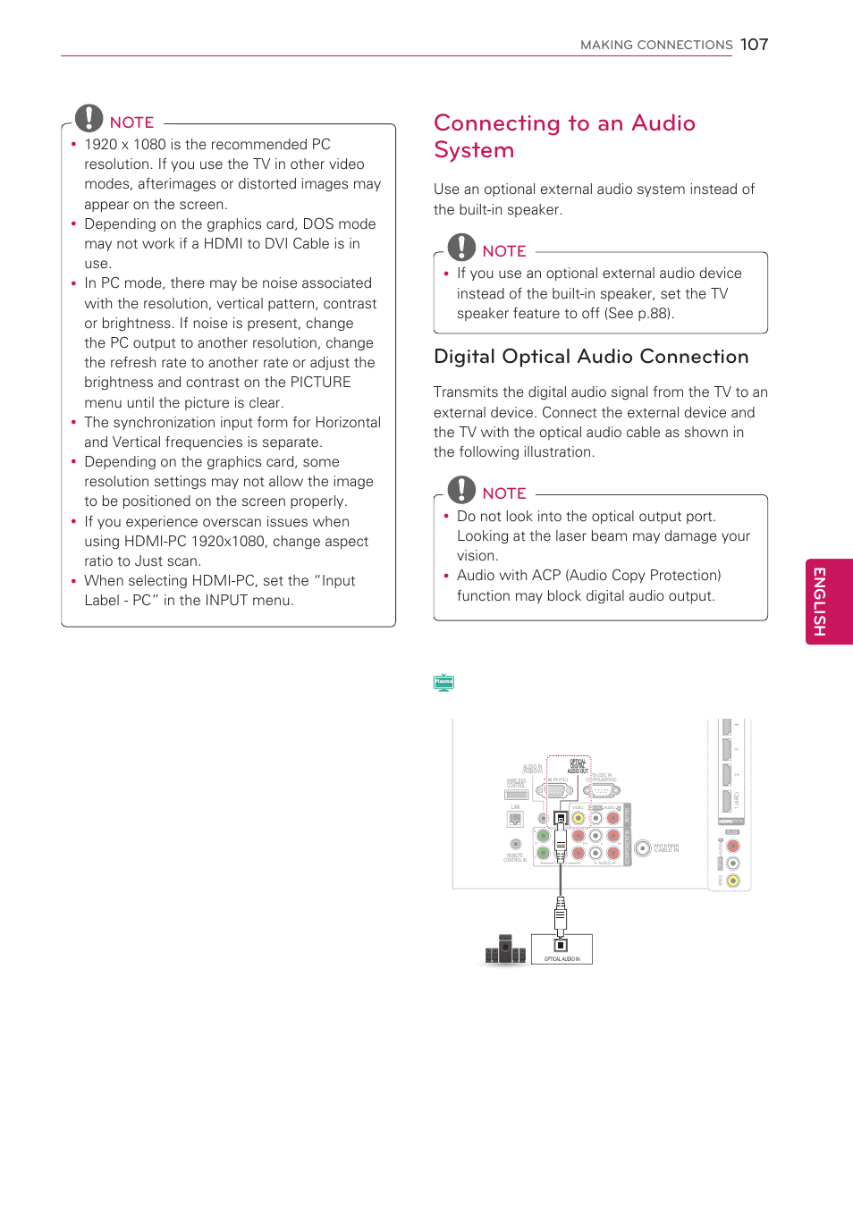 Connecting to an audio system, Digital optical audio connection, Digital – see p.107 | English, Making connections | LG 55LV5500 User Manual | Page 107 / 166