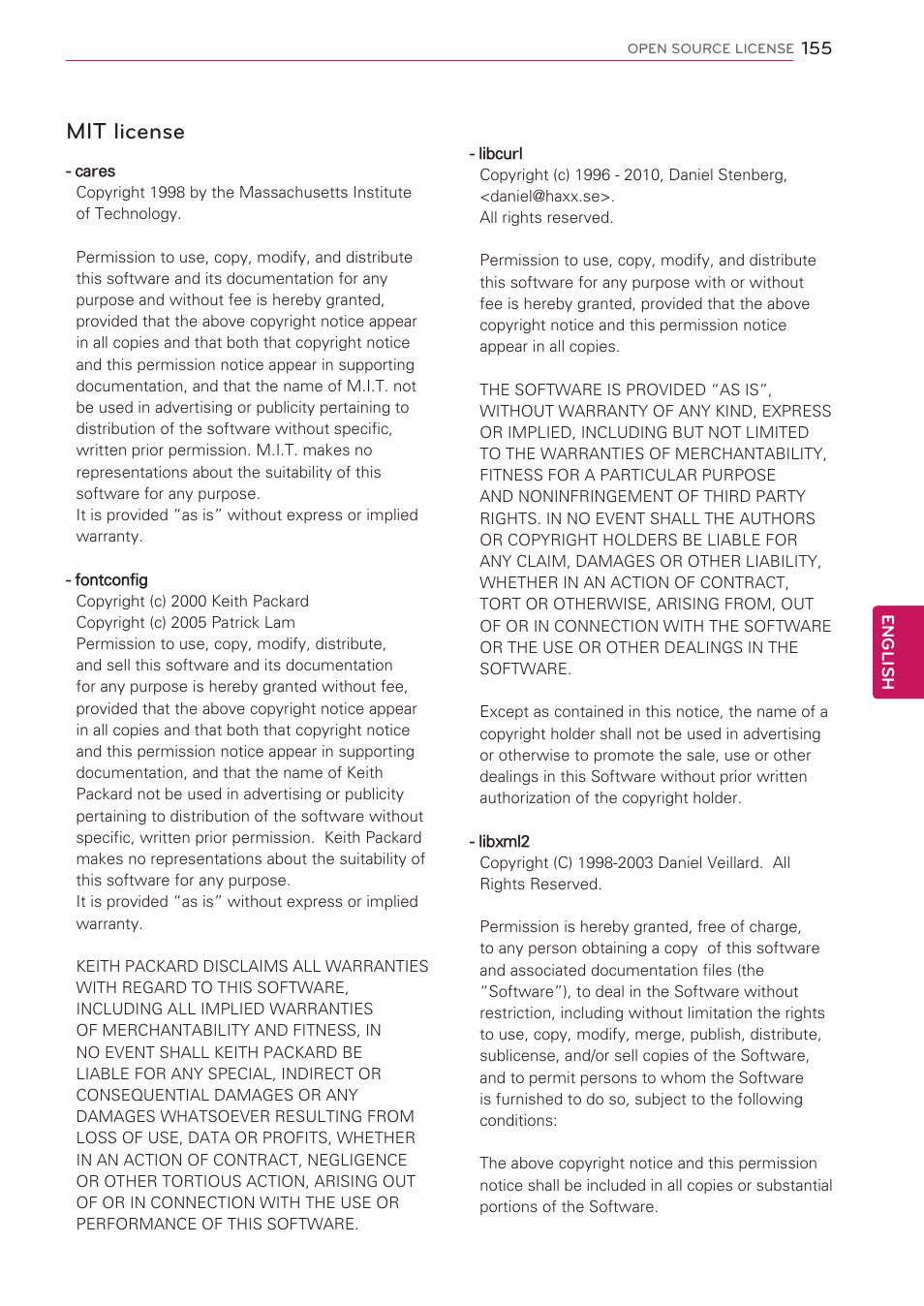 Mit license | LG 55LV5500 User Manual | Page 155 / 166