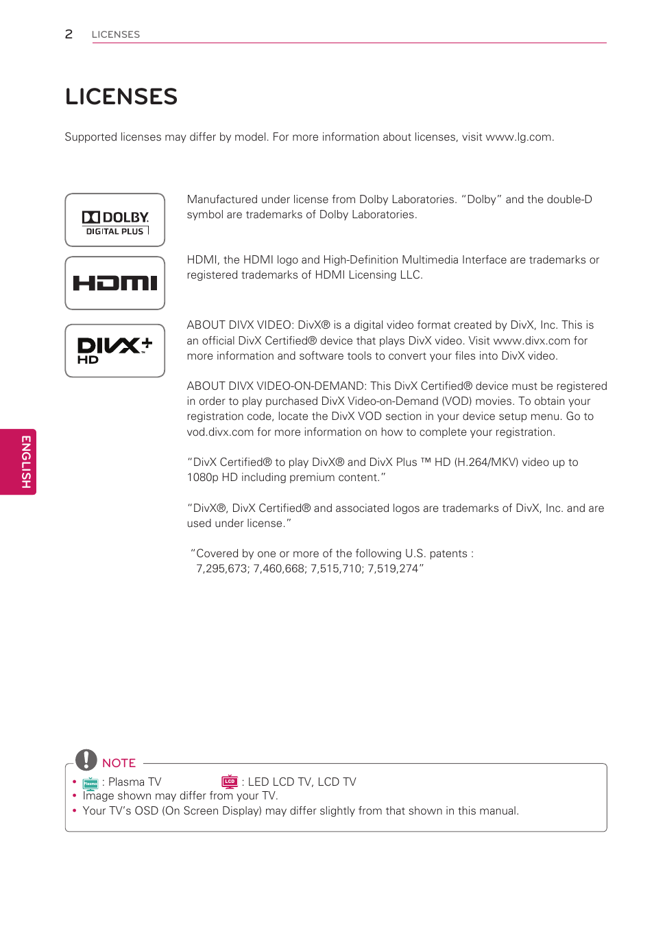 Licenses | LG 55LV5500 User Manual | Page 2 / 166