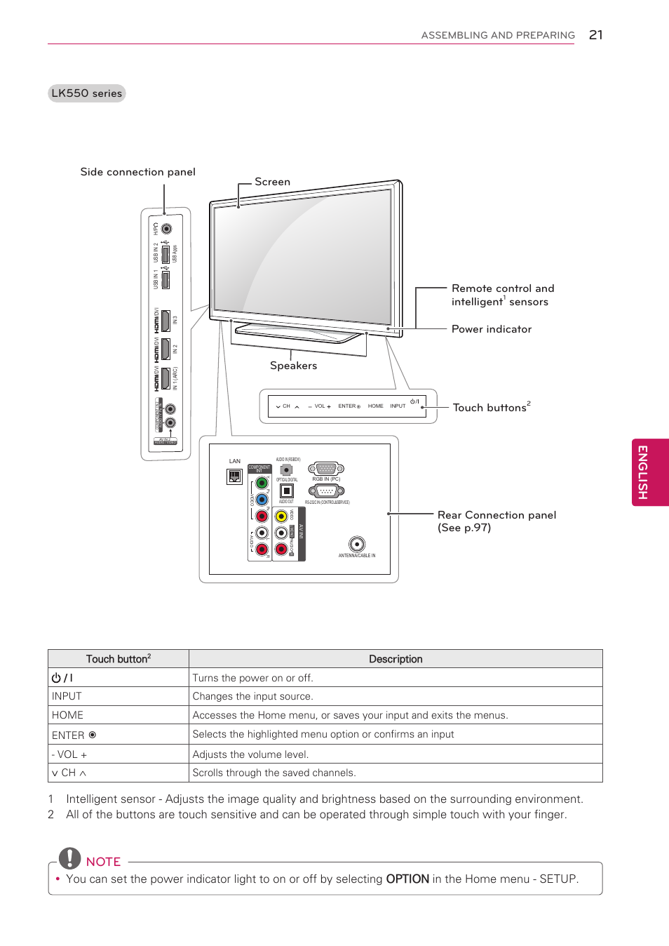 English, Lk550 series, Speakers screen remote control and intelligent | Sensors power indicator touch buttons, Touch button, Assembling and preparing | LG 55LV5500 User Manual | Page 21 / 166