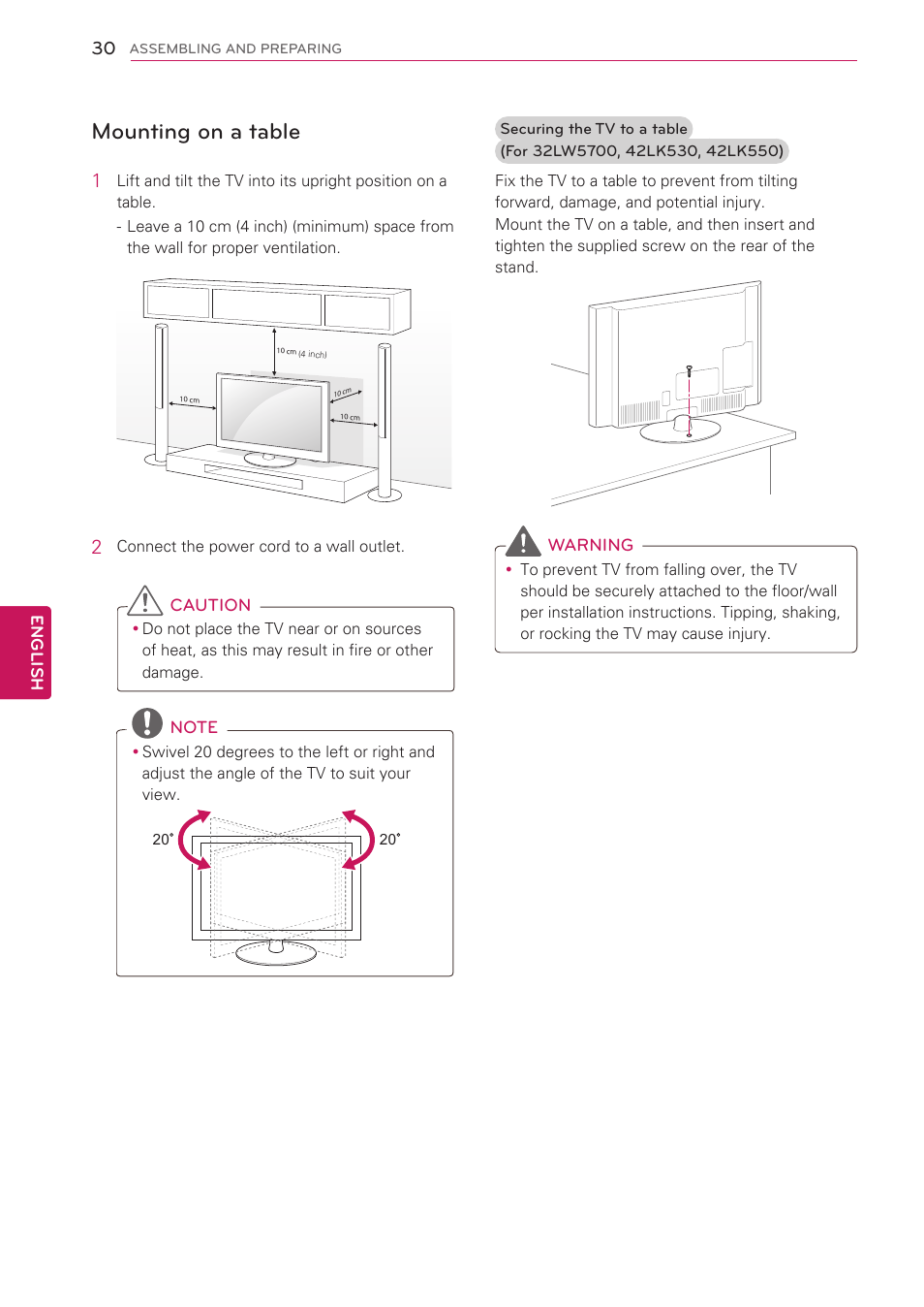 Mounting on a table | LG 55LV5500 User Manual | Page 30 / 166