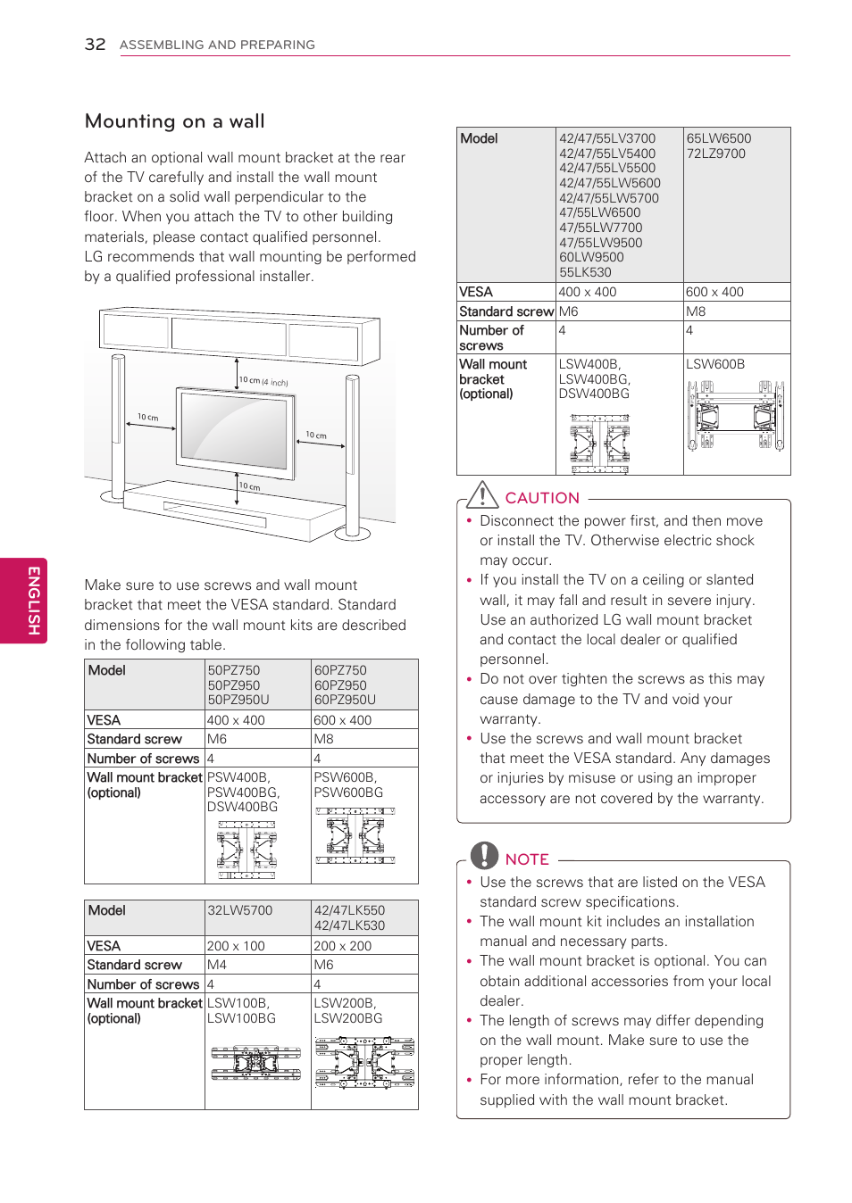 Mounting on a wall | LG 55LV5500 User Manual | Page 32 / 166