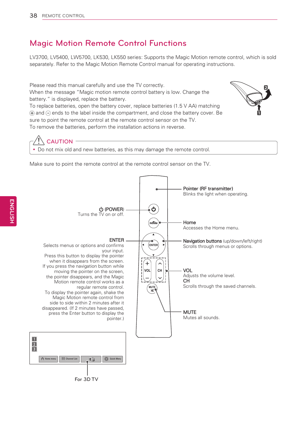 Magic motion remote control functions, Caution, English | LG 55LV5500 User Manual | Page 38 / 166